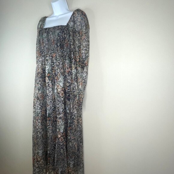 O.P.T. Smocked Cottagecore Renn Faire Maiden Midi Dress Medium Shimmer Floral - Picture 8 of 10